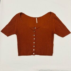 Free People Burnt Orange Ribbed Button-Down Shirt